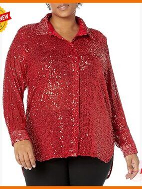 Plus Size Sequin Mesh Blouse with Oversize Collar Formal Sportswear Top